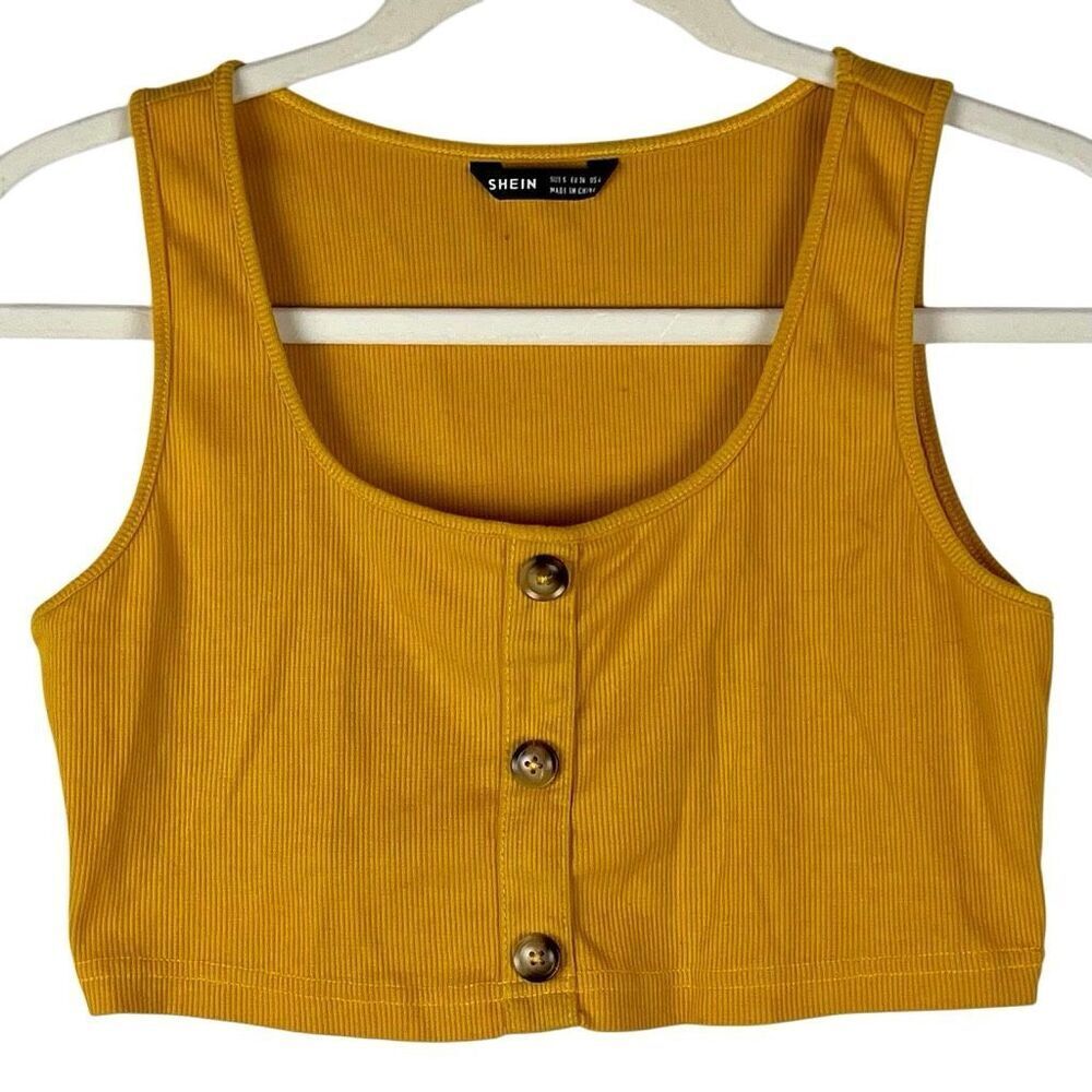 Shein Mustard Yellow Ribbed Button-Front Crop Top Small